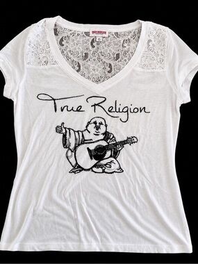 True Religion White Lace Yoke V-Neck Tee with Black Buddha Guitar Graphic